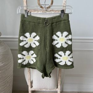 Green Knit Floral Shorts
